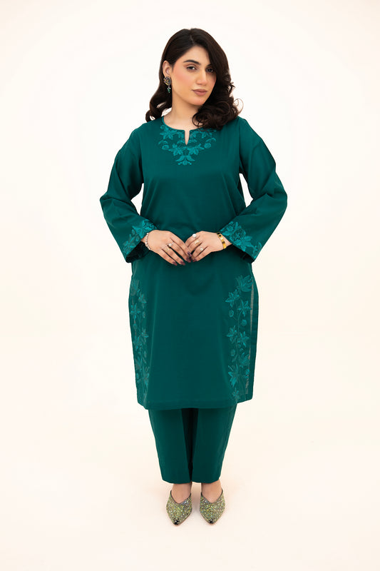 2 PIECE - EMBROIDERED LAWN REGULAR SHIRT WITH BOX TROUSERS - EMERALD GREEN