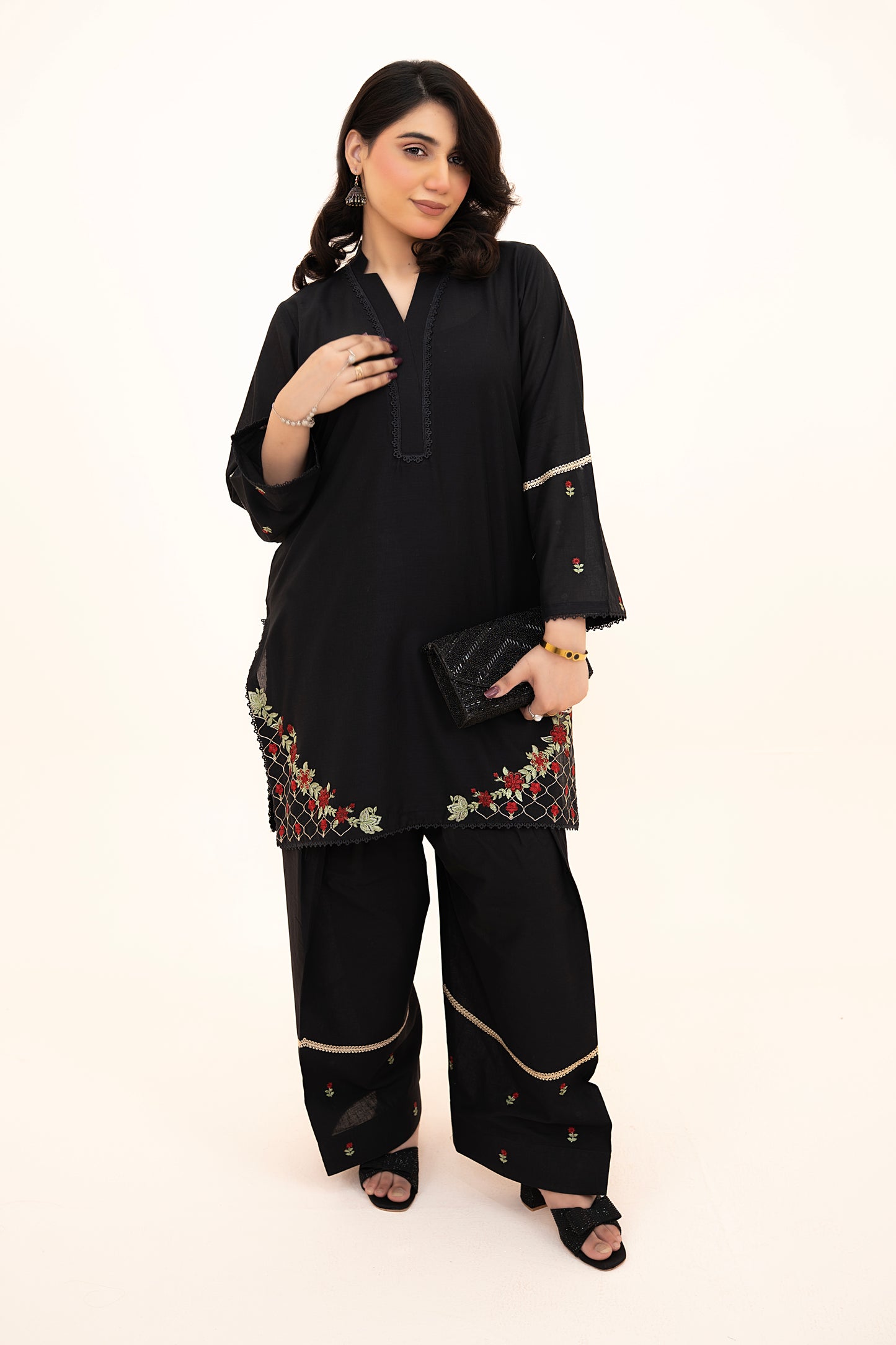 2 PIECE - EMBROIDERED LAWN SHORT SHIRT WITH FARSHI SHALWAR - BLACK