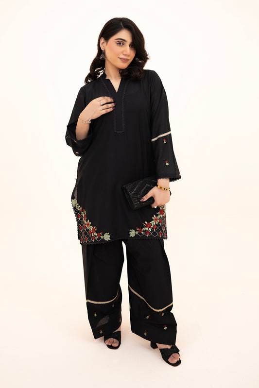 2 PIECE - EMBROIDERED LAWN SHORT SHIRT WITH FARSHI SHALWAR - BLACK