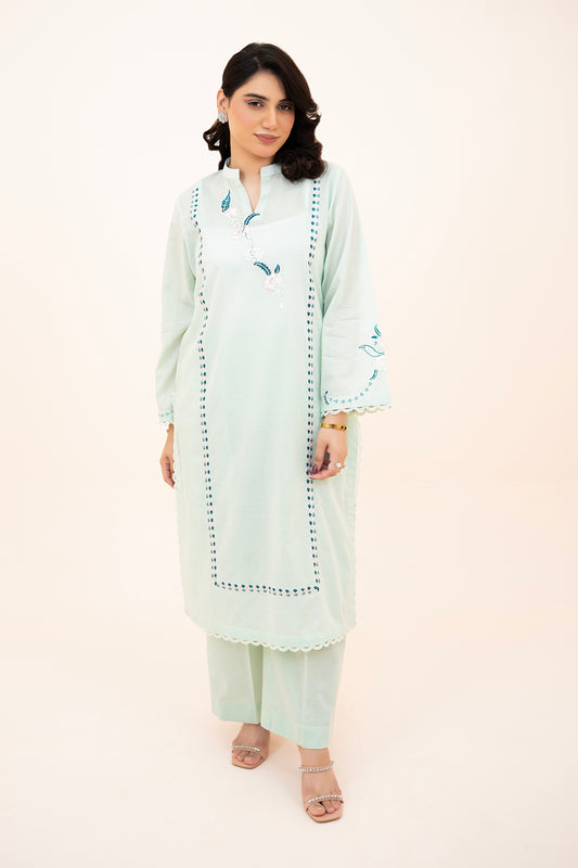 2 PIECE - EMBROIDERED LAWN LONG SHIRT WITH BOX TROUSERS - MINT GREEN