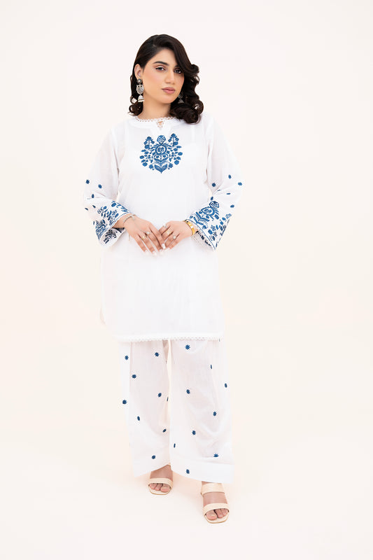 2 PIECE - EMBROIDERED LAWN SHORT SHIRT WITH FARSHI SHALWAR - WHITE