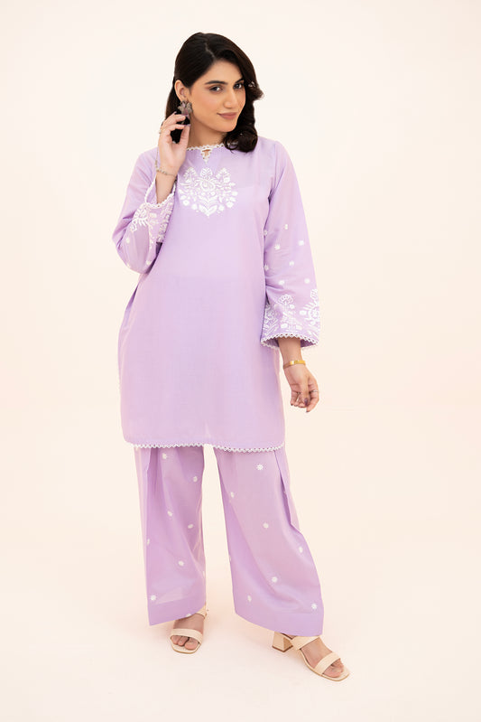 2 PIECE - EMBROIDERED LAWN SHORT SHIRT WITH FARSHI SHALWAR - PURPLE