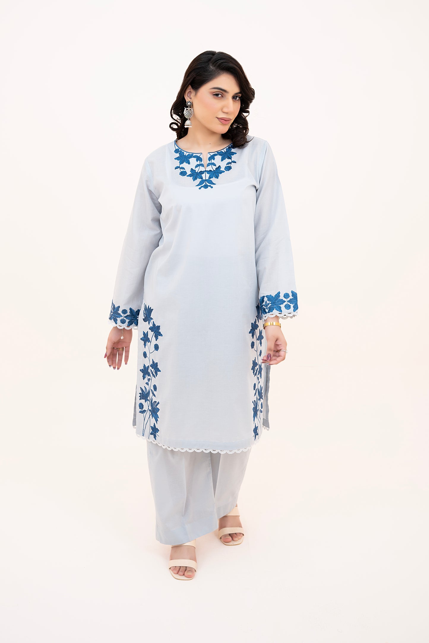 2 PIECE - EMBROIDERED LAWN REGULAR SHIRT WITH BOX TROUSERS - ICE BLUE