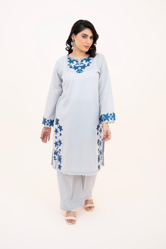 2 PIECE - EMBROIDERED LAWN REGULAR SHIRT WITH BOX TROUSERS - ICE BLUE