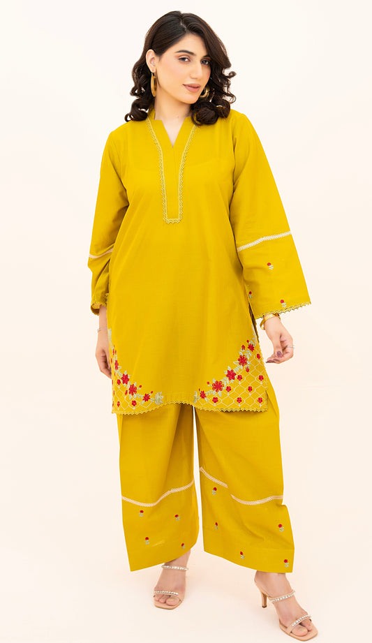 2 PIECE - EMBROIDERED LAWN SHORT SHIRT WITH FARSHI SHALWAR - DEEP LEMON