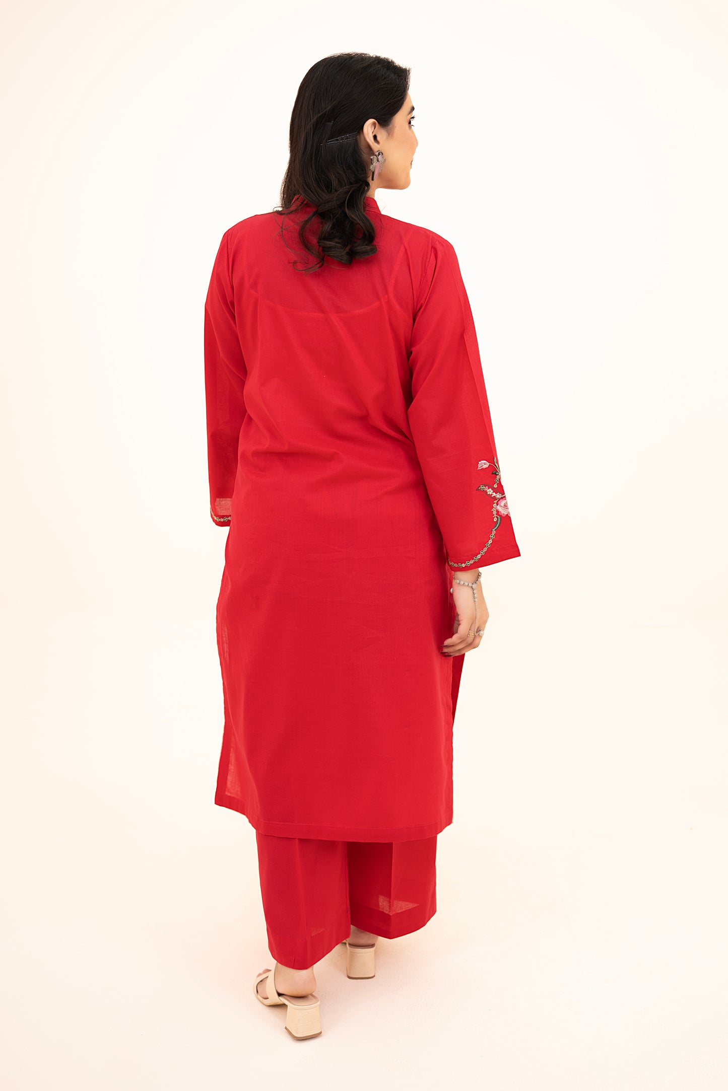 2 PIECE - EMBROIDERED LAWN LONG SHIRT WITH BOX TROUSERS - SHOCKING PINK