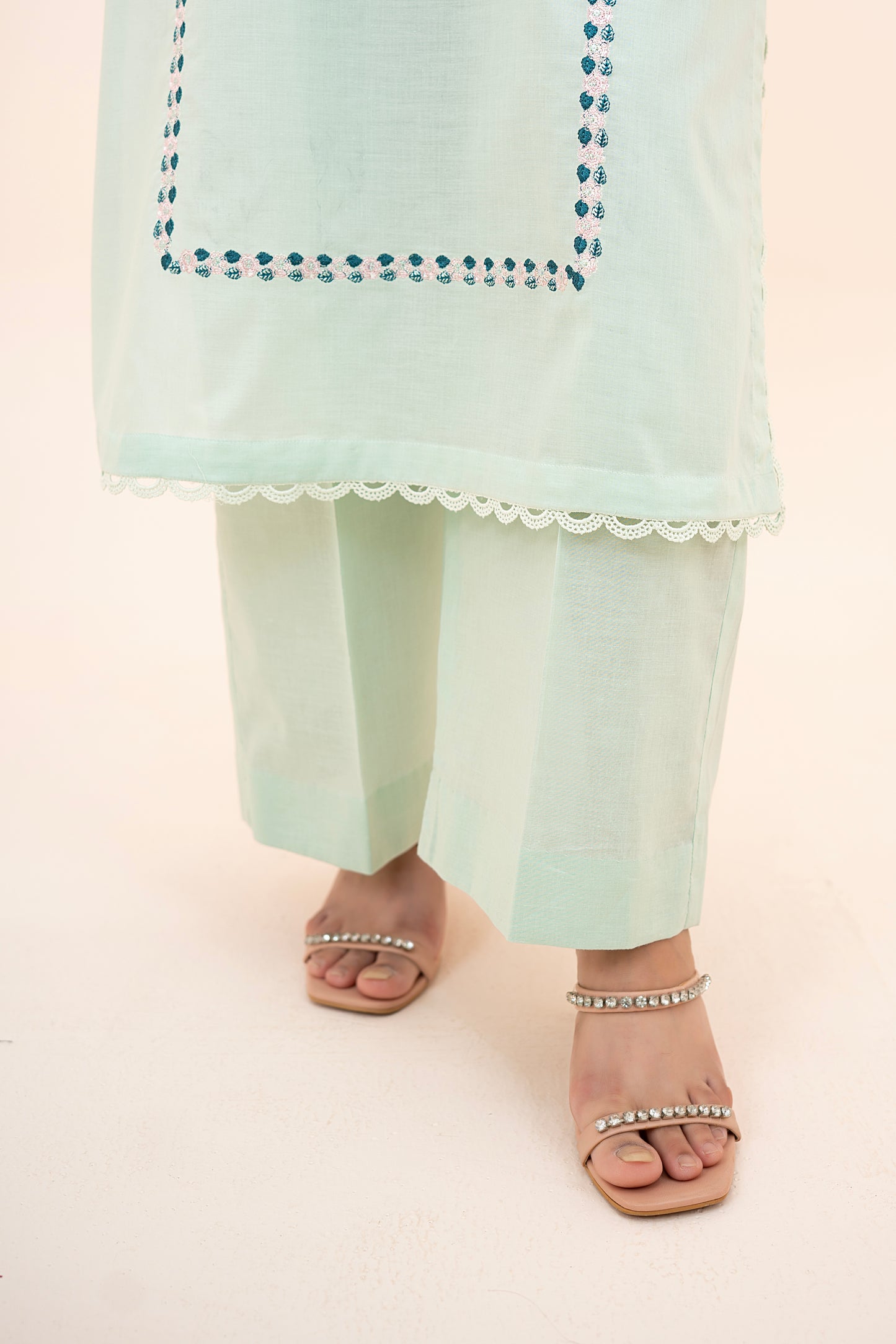 2 PIECE - EMBROIDERED LAWN LONG SHIRT WITH BOX TROUSERS - MINT GREEN
