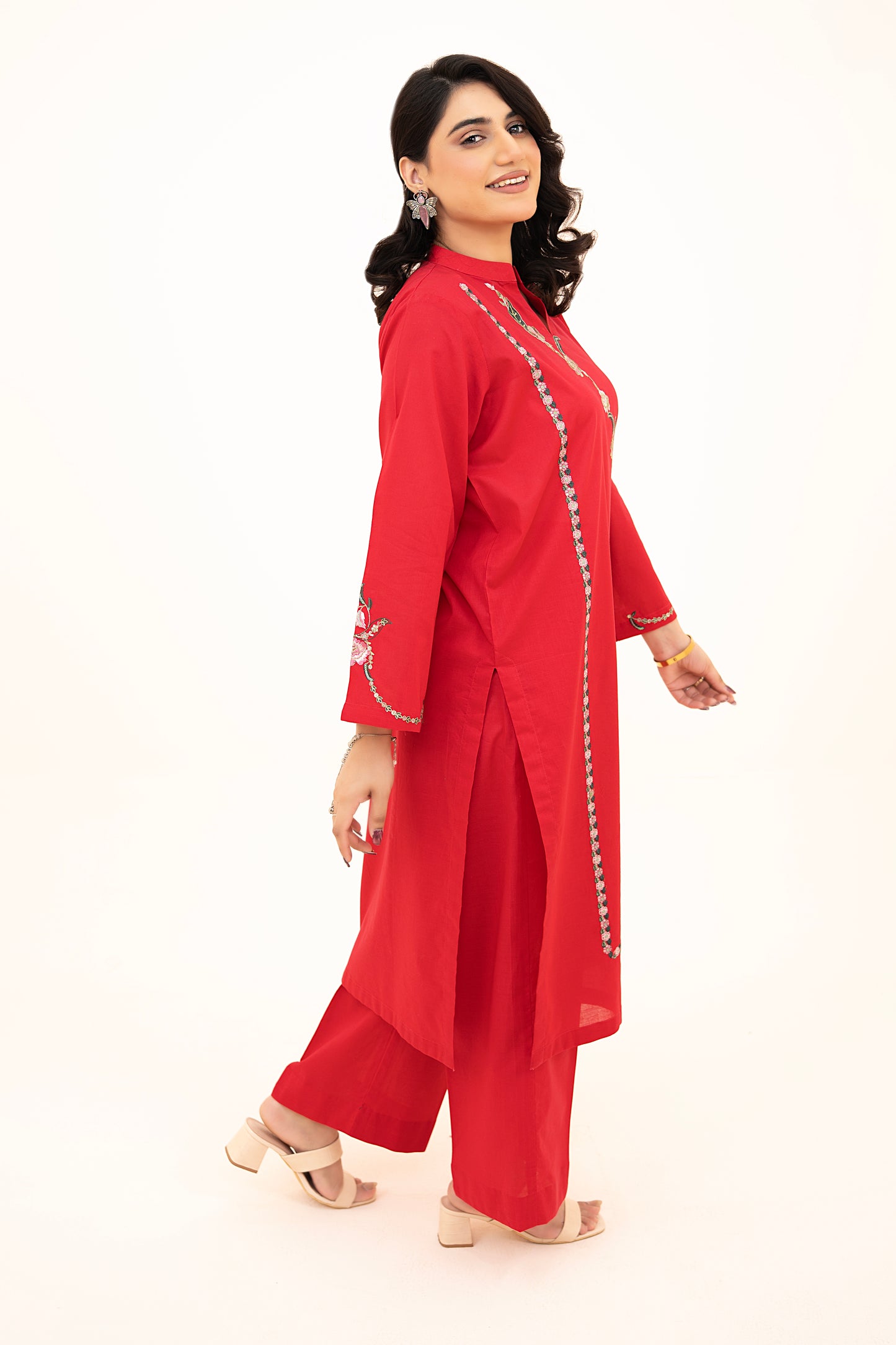 2 PIECE - EMBROIDERED LAWN LONG SHIRT WITH BOX TROUSERS - SHOCKING PINK