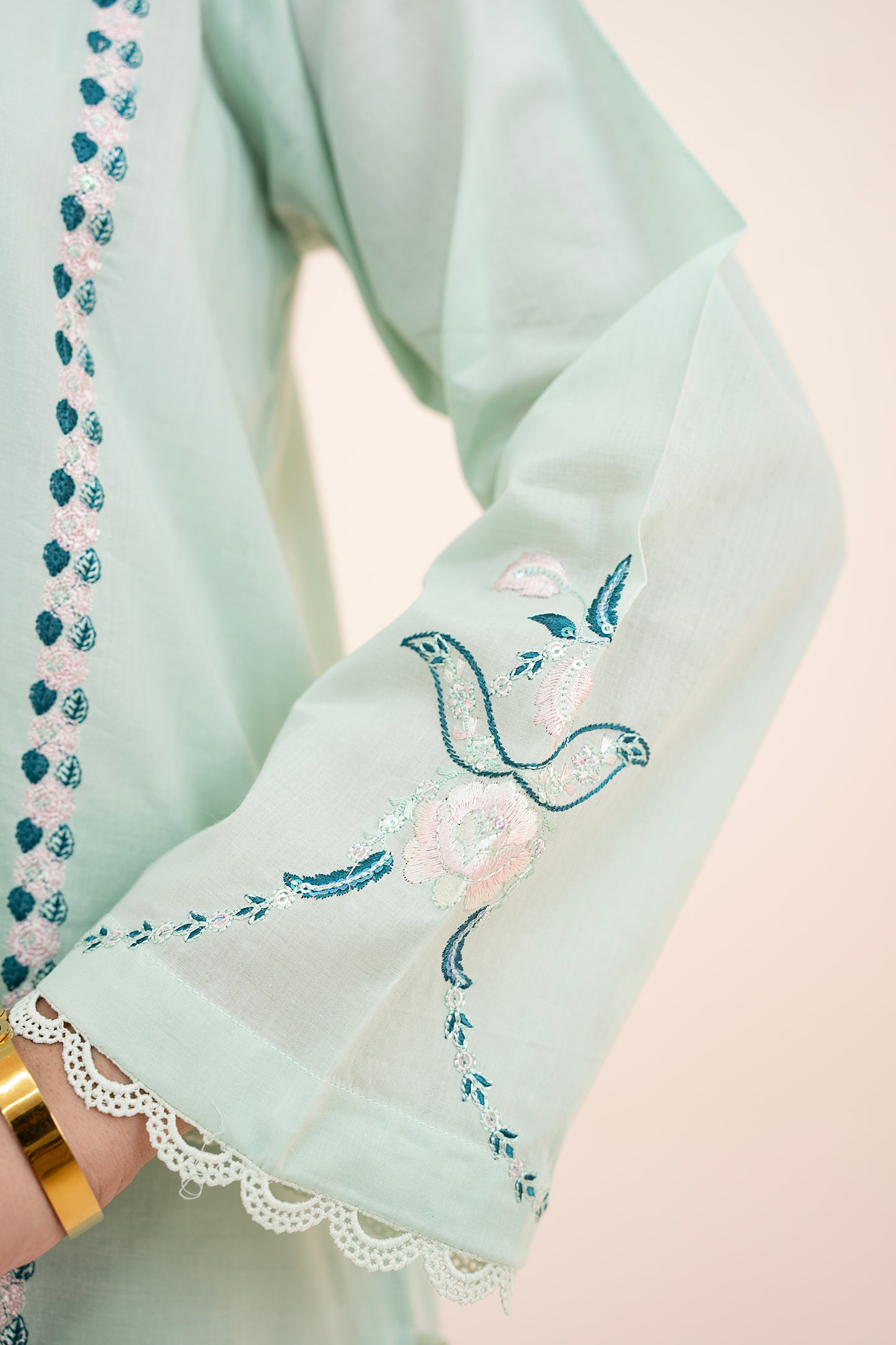 2 PIECE - EMBROIDERED LAWN LONG SHIRT WITH BOX TROUSERS - MINT GREEN