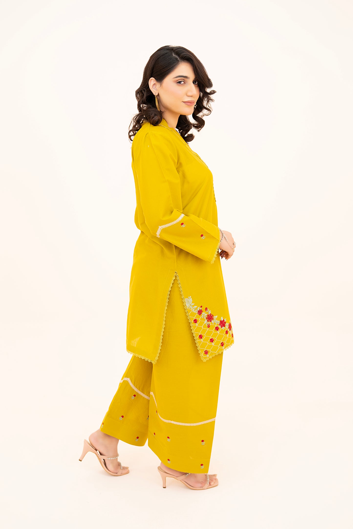 2 PIECE - EMBROIDERED LAWN SHORT SHIRT WITH FARSHI SHALWAR - DEEP LEMON