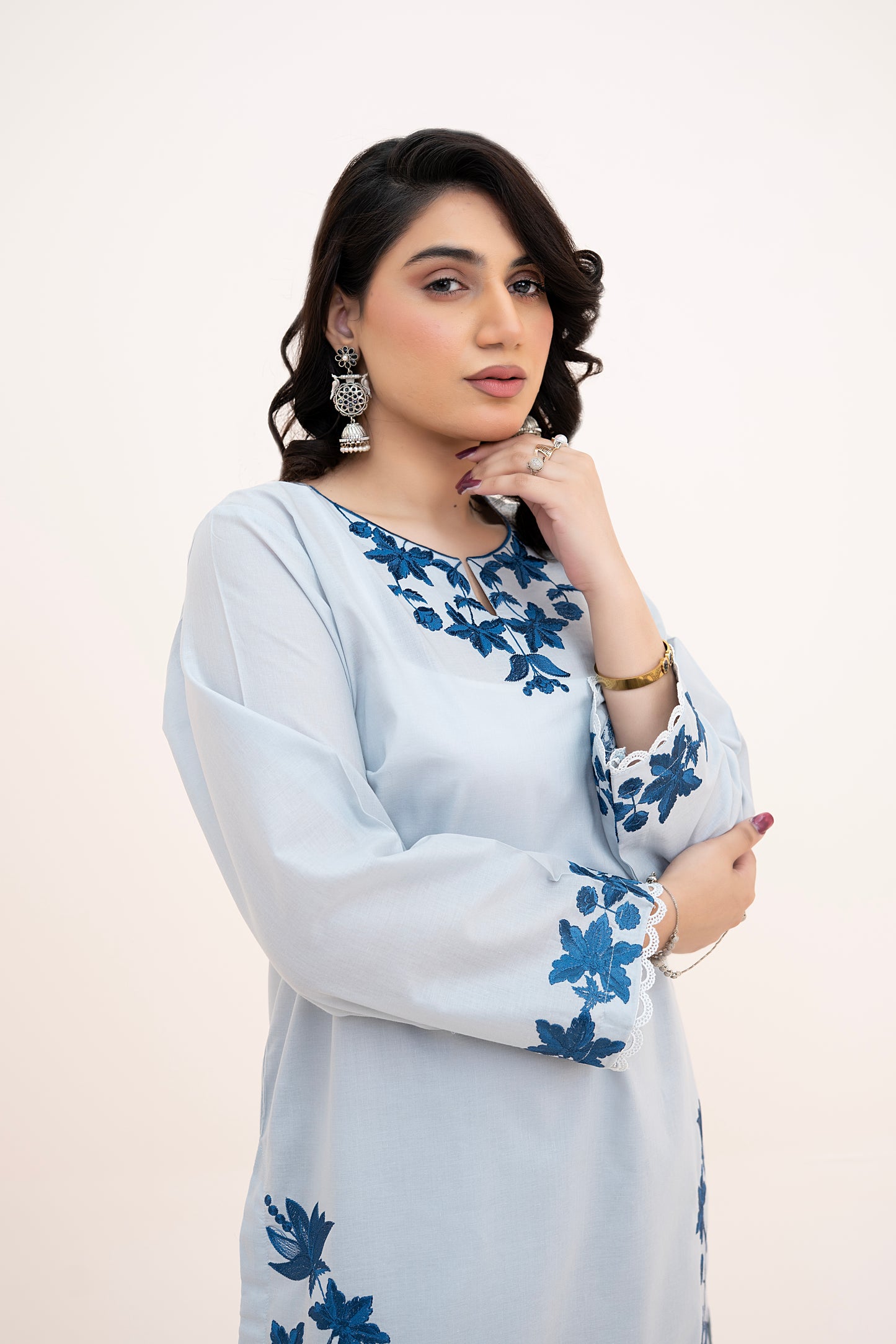 2 PIECE - EMBROIDERED LAWN REGULAR SHIRT WITH BOX TROUSERS - ICE BLUE