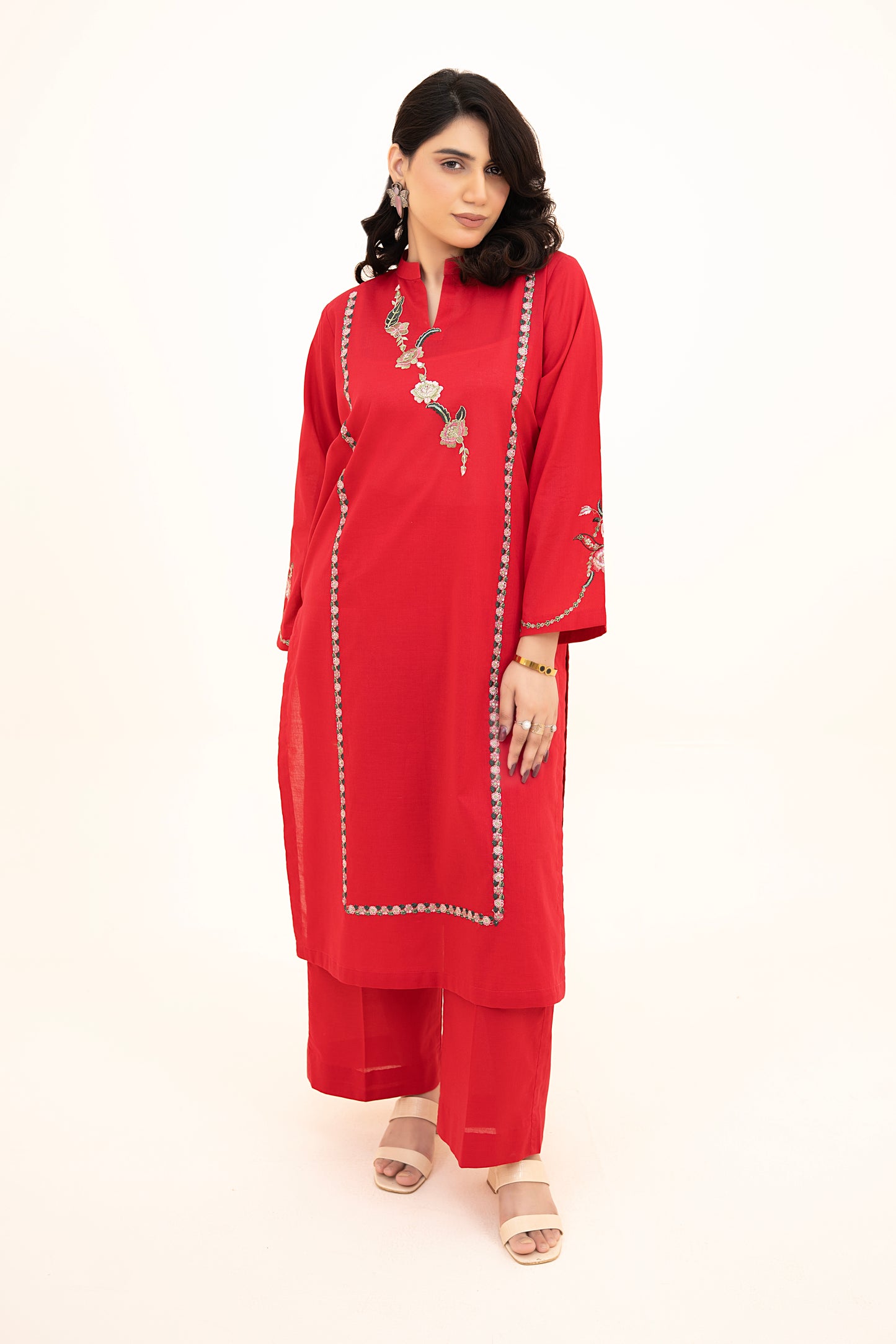 2 PIECE - EMBROIDERED LAWN LONG SHIRT WITH BOX TROUSERS - SHOCKING PINK