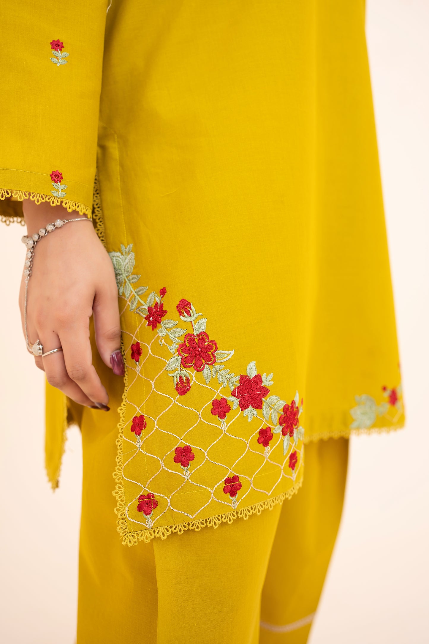 2 PIECE - EMBROIDERED LAWN SHORT SHIRT WITH FARSHI SHALWAR - DEEP LEMON