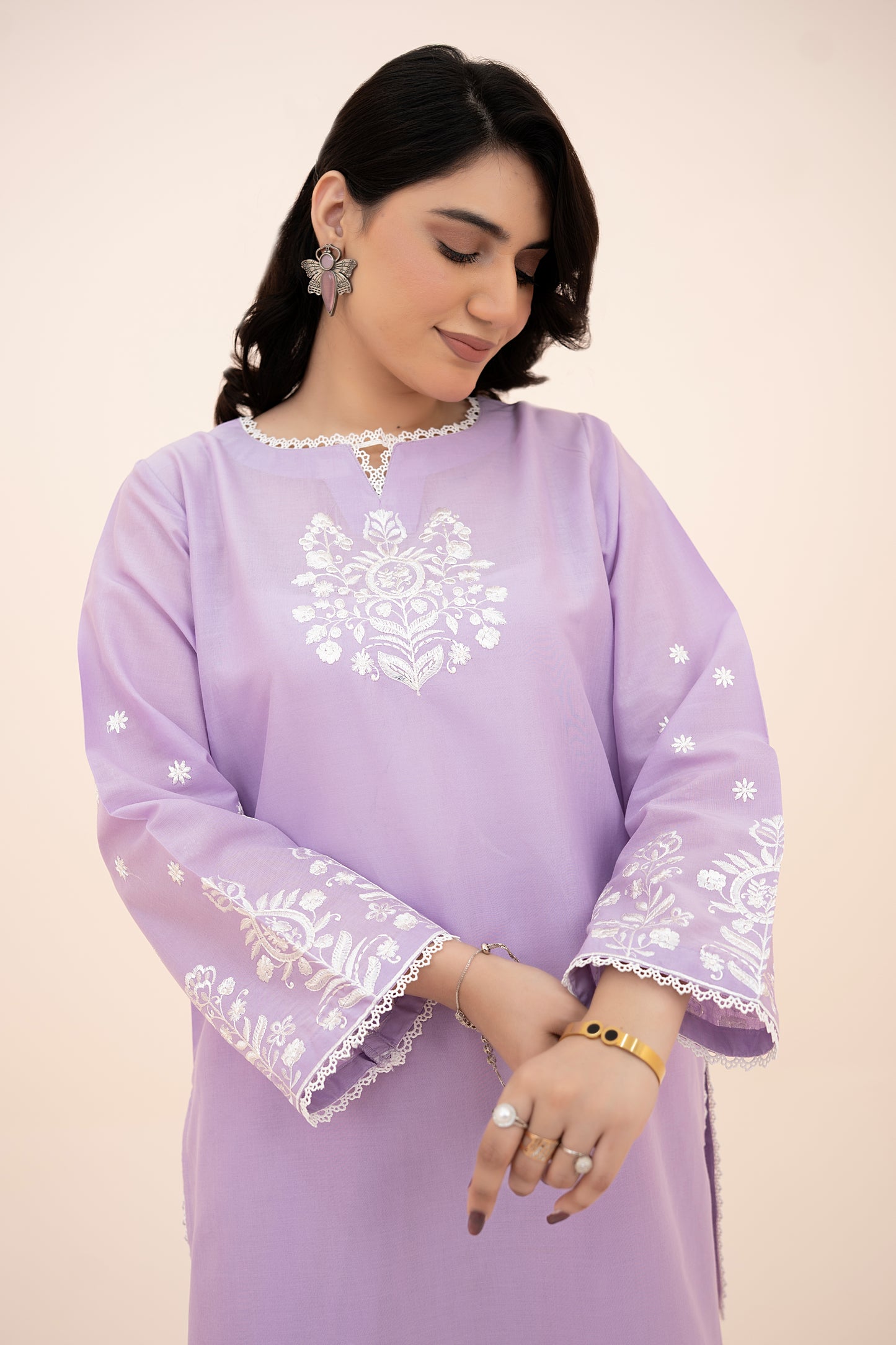 2 PIECE - EMBROIDERED LAWN SHORT SHIRT WITH FARSHI SHALWAR - PURPLE