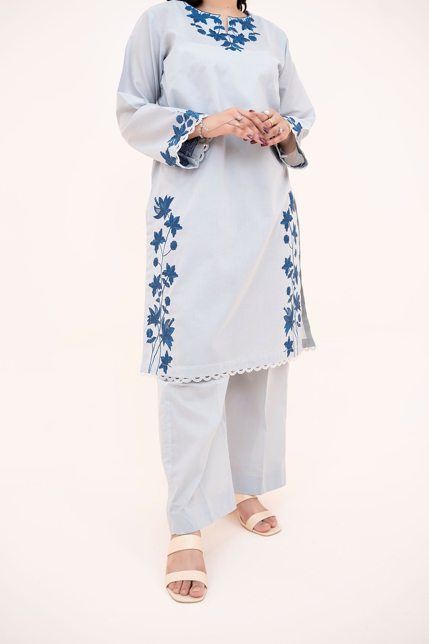 2 PIECE - EMBROIDERED LAWN REGULAR SHIRT WITH BOX TROUSERS - ICE BLUE