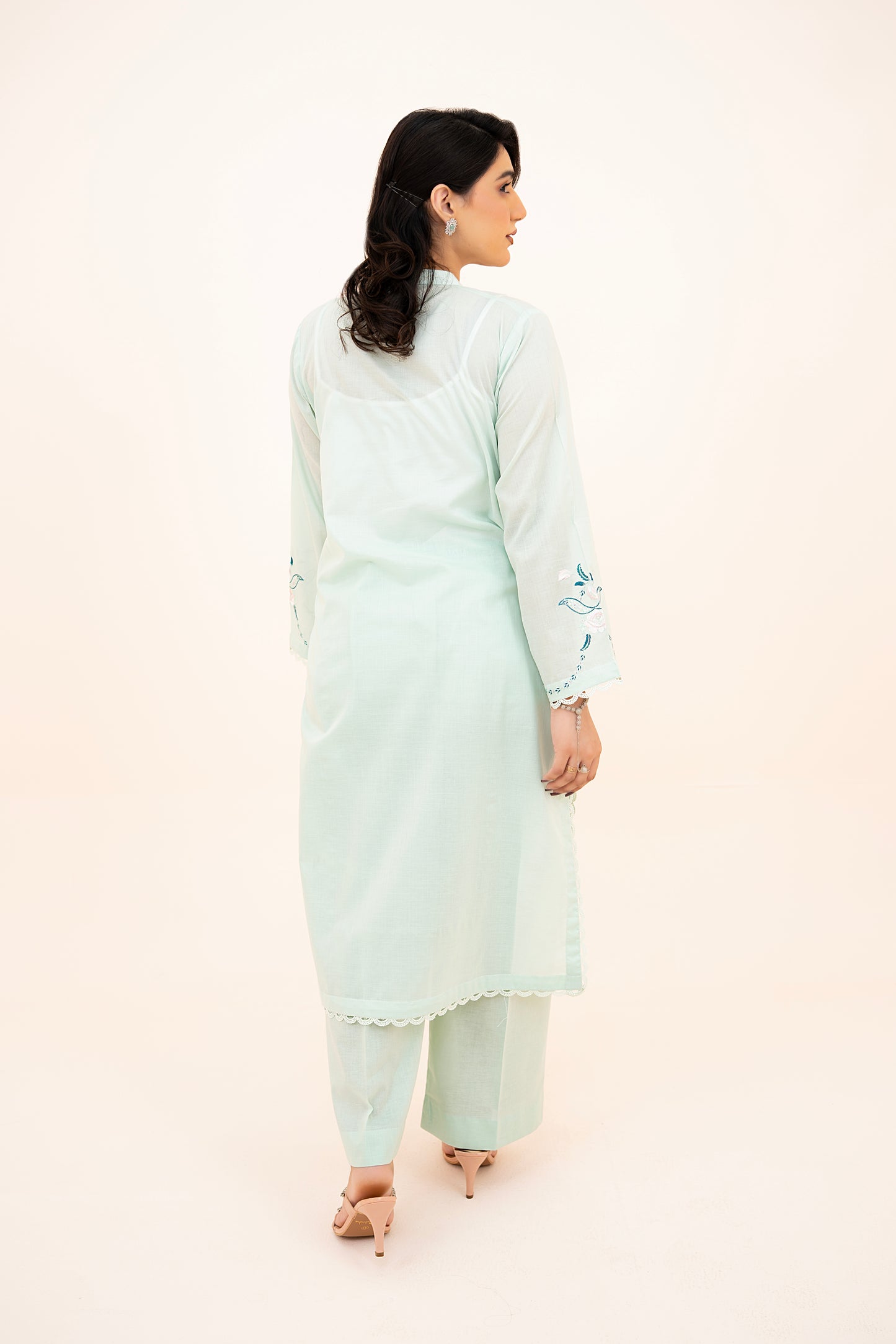 2 PIECE - EMBROIDERED LAWN LONG SHIRT WITH BOX TROUSERS - MINT GREEN