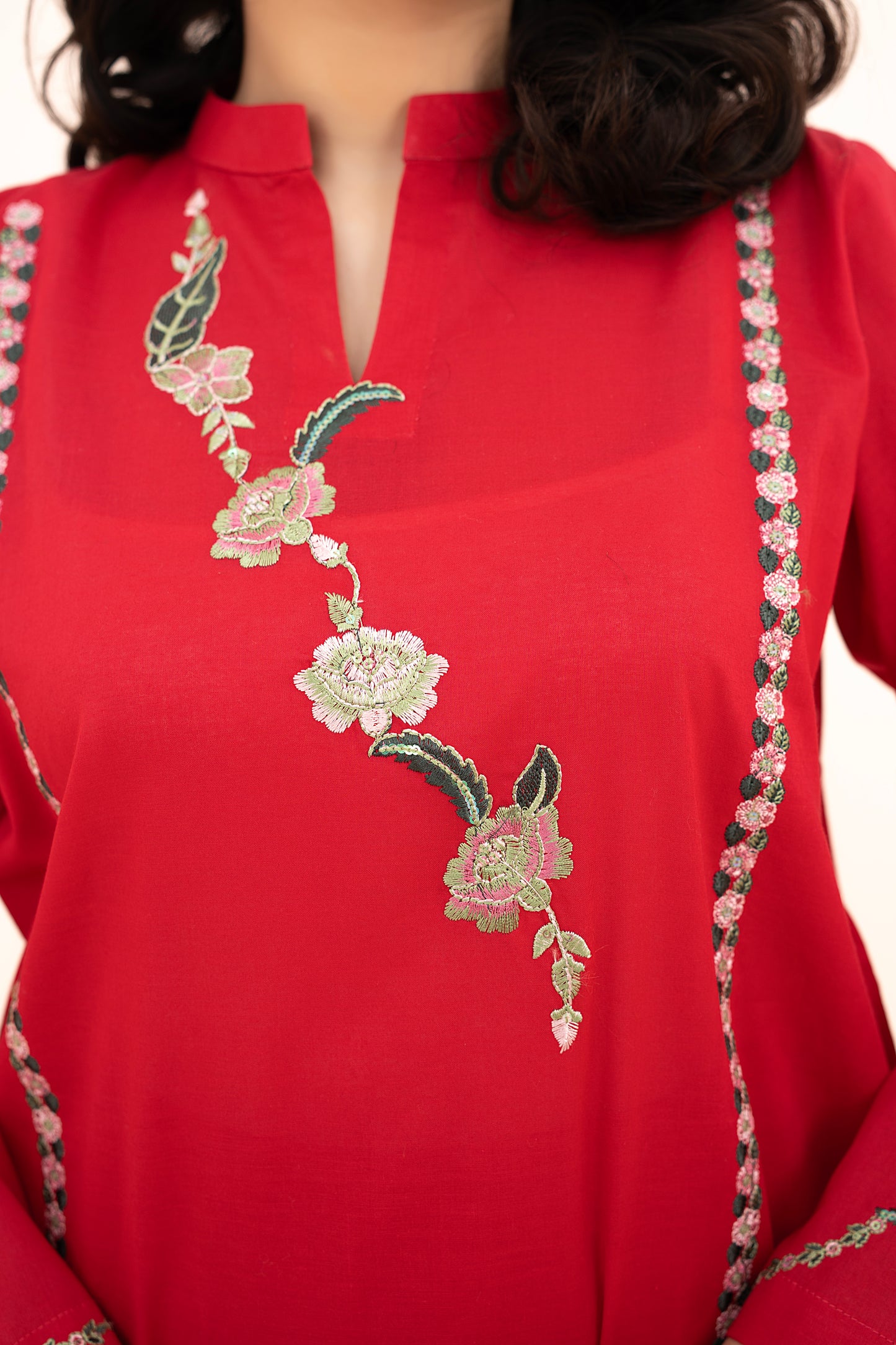 2 PIECE - EMBROIDERED LAWN LONG SHIRT WITH BOX TROUSERS - SHOCKING PINK
