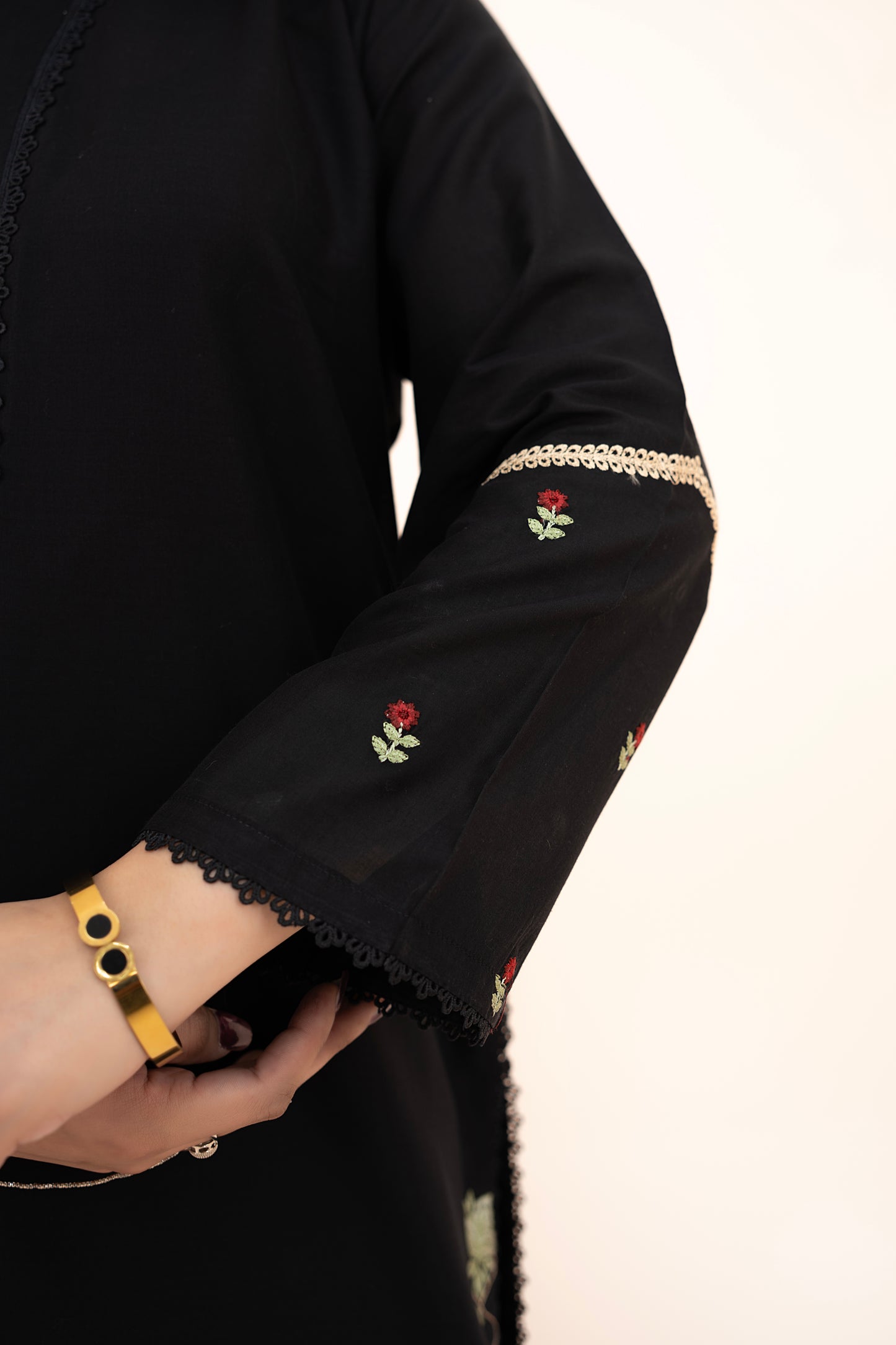 2 PIECE - EMBROIDERED LAWN SHORT SHIRT WITH FARSHI SHALWAR - BLACK