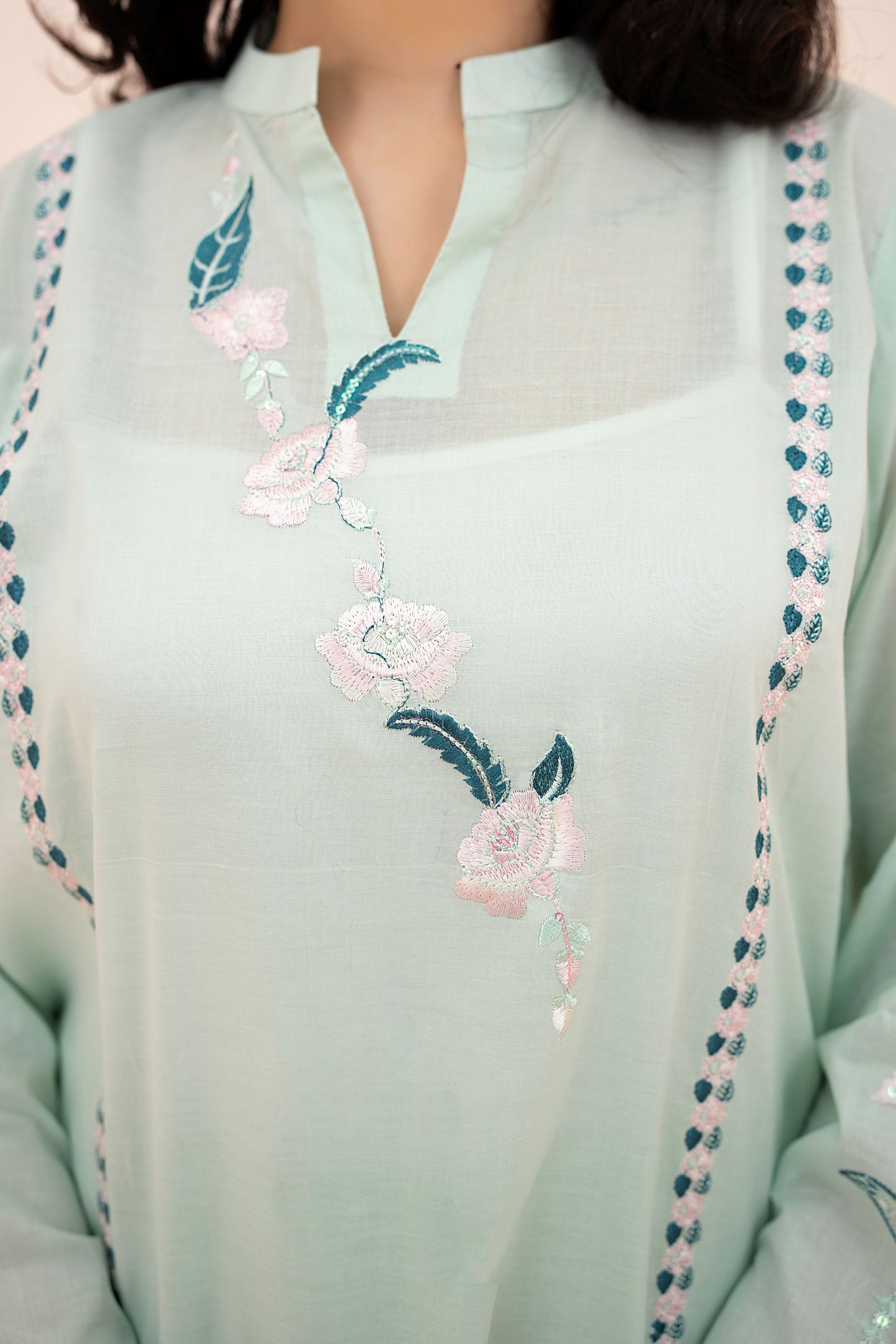 2 PIECE - EMBROIDERED LAWN LONG SHIRT WITH BOX TROUSERS - MINT GREEN