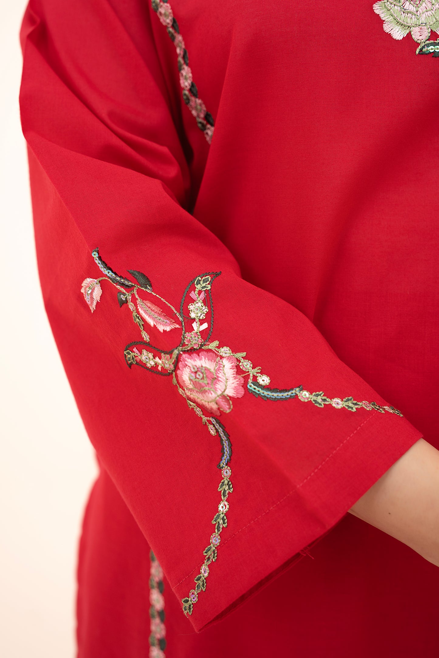 2 PIECE - EMBROIDERED LAWN LONG SHIRT WITH BOX TROUSERS - SHOCKING PINK