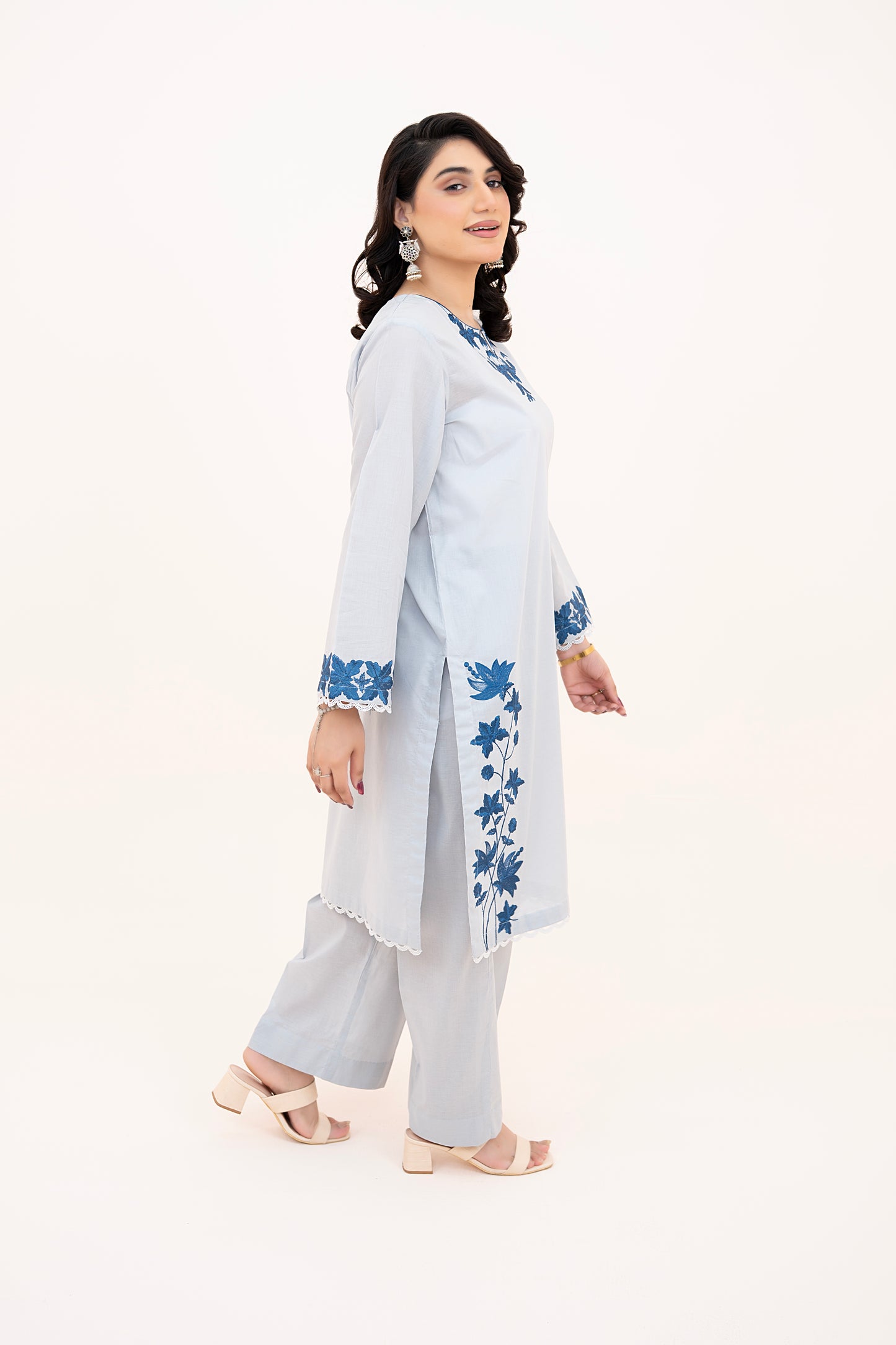 2 PIECE - EMBROIDERED LAWN REGULAR SHIRT WITH BOX TROUSERS - ICE BLUE