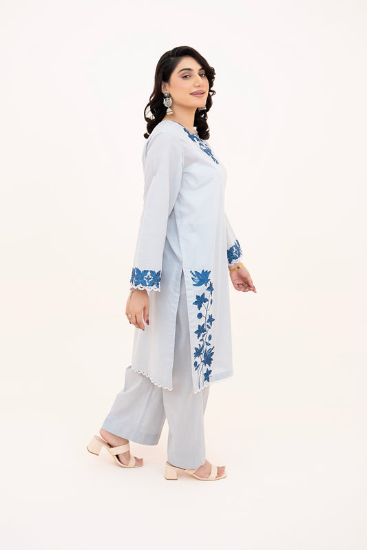 2 PIECE - EMBROIDERED LAWN REGULAR SHIRT WITH BOX TROUSERS - ICE BLUE