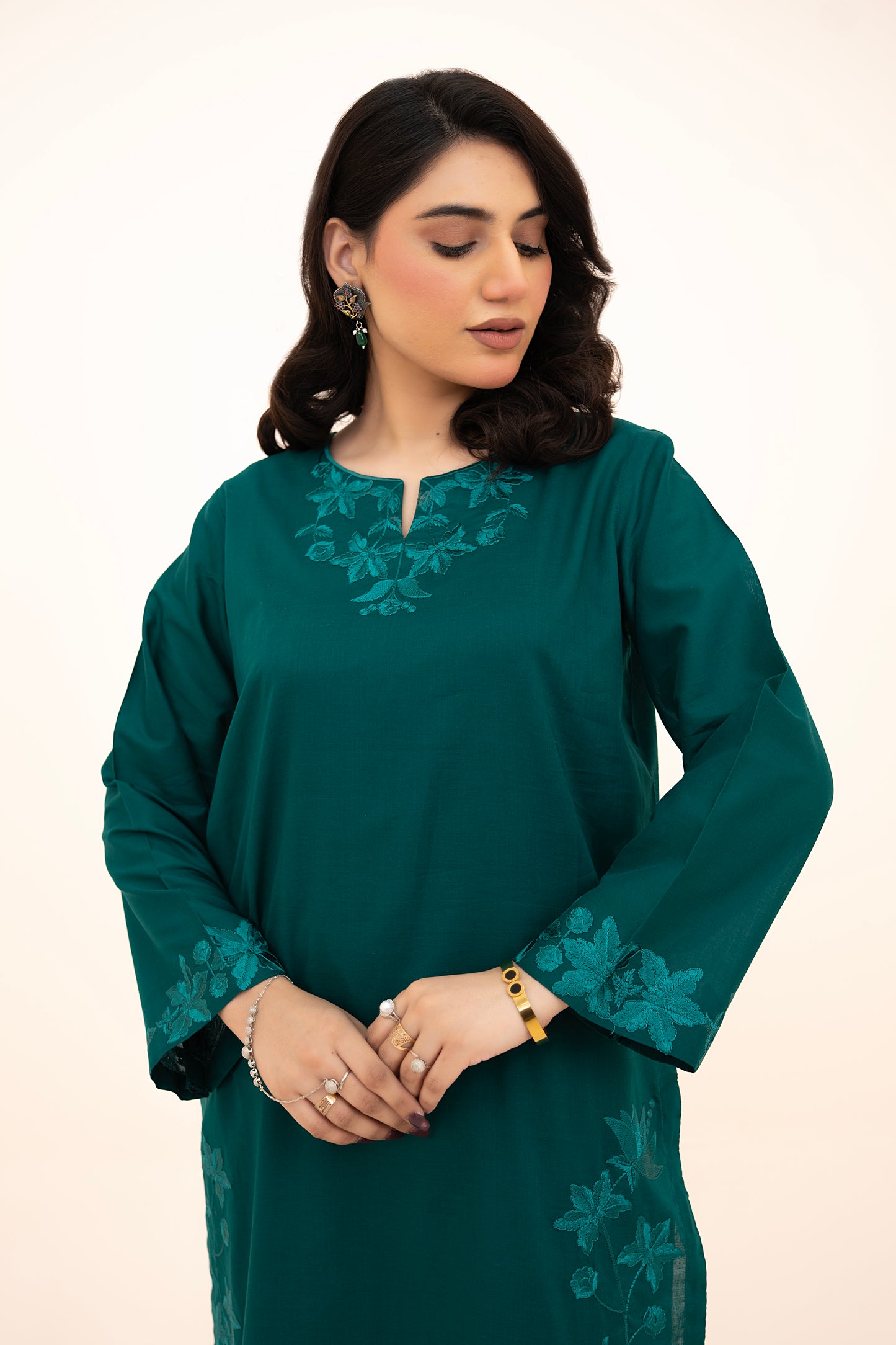 2 PIECE - EMBROIDERED LAWN REGULAR SHIRT WITH BOX TROUSERS - EMERALD GREEN