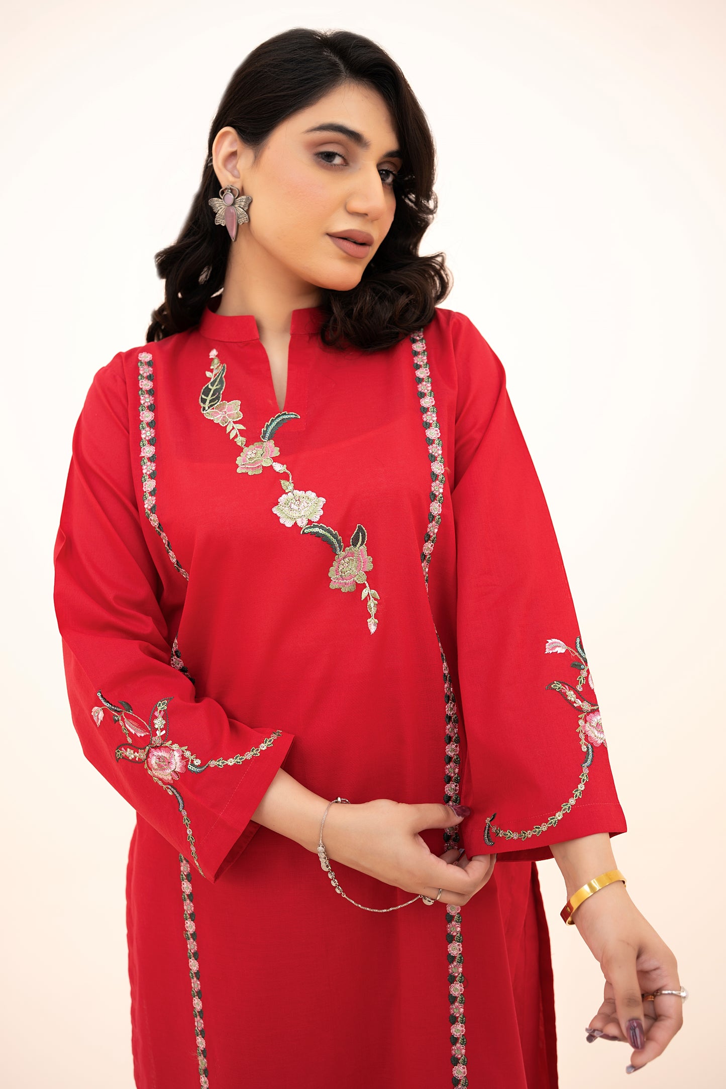 2 PIECE - EMBROIDERED LAWN LONG SHIRT WITH BOX TROUSERS - SHOCKING PINK