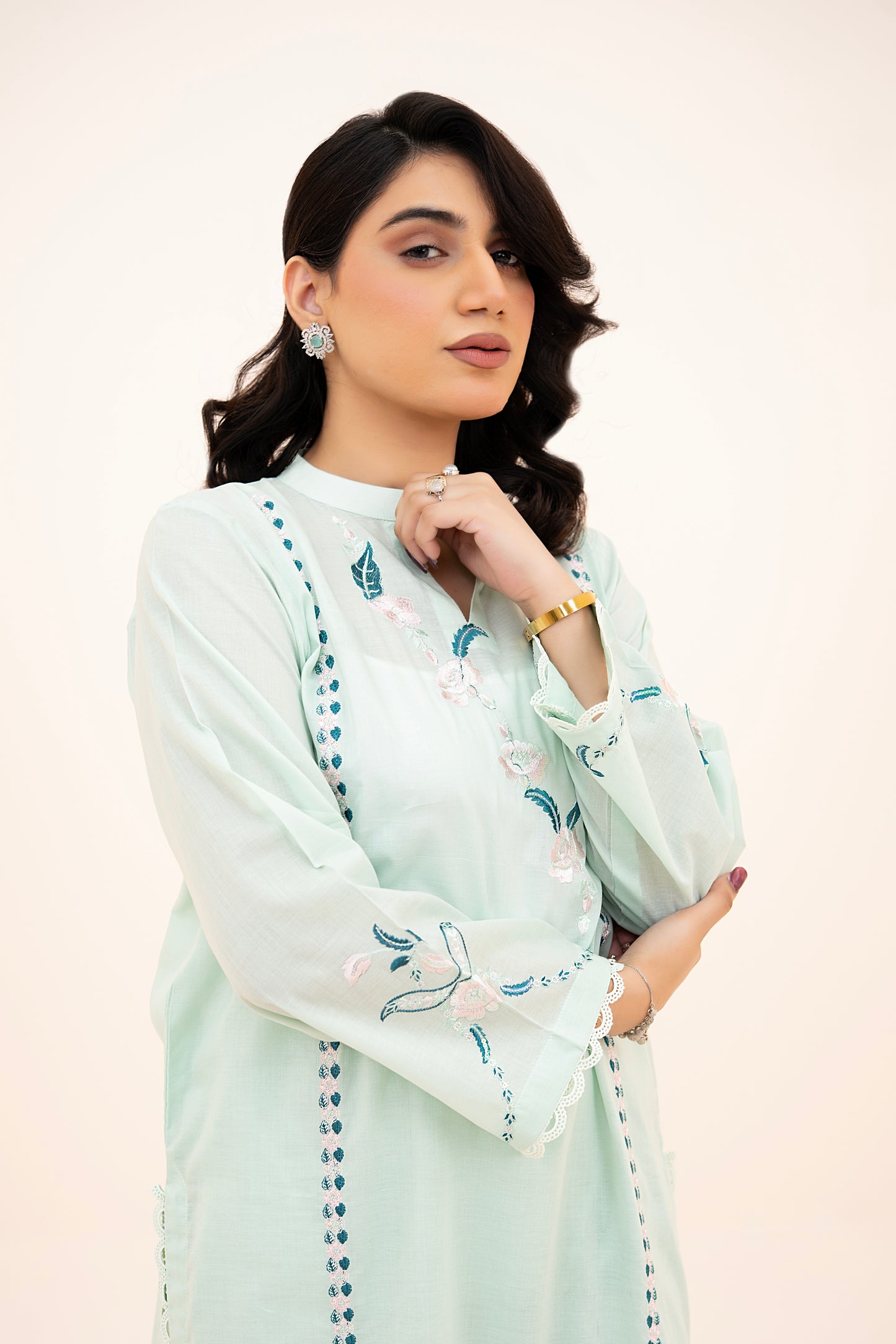 2 PIECE - EMBROIDERED LAWN LONG SHIRT WITH BOX TROUSERS - MINT GREEN