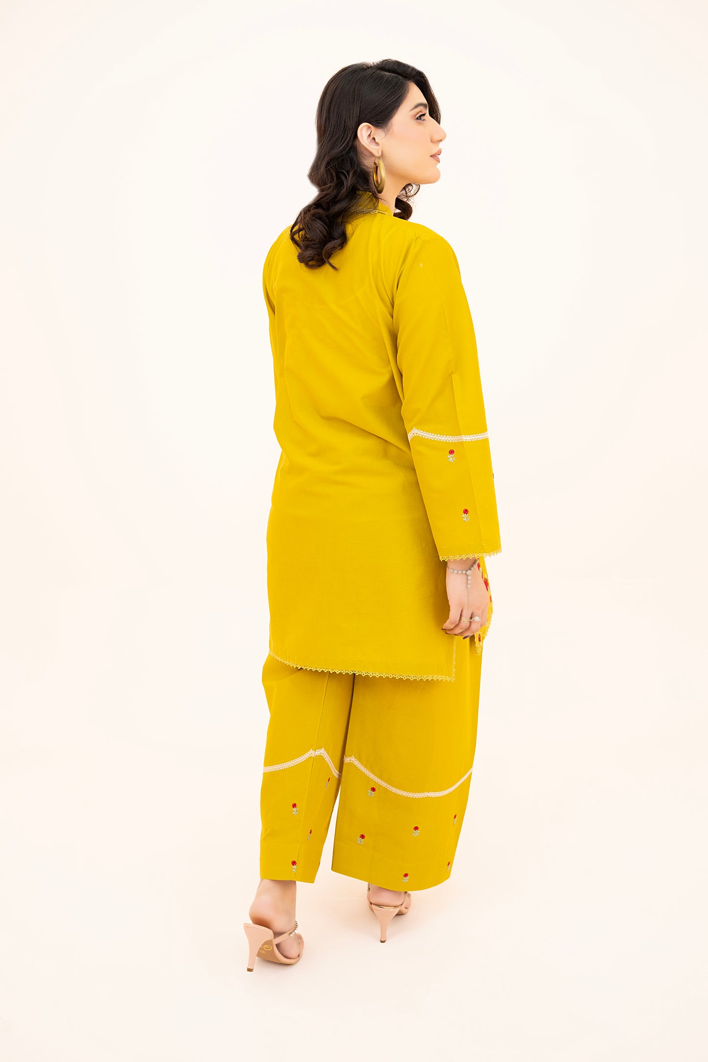2 PIECE - EMBROIDERED LAWN SHORT SHIRT WITH FARSHI SHALWAR - DEEP LEMON