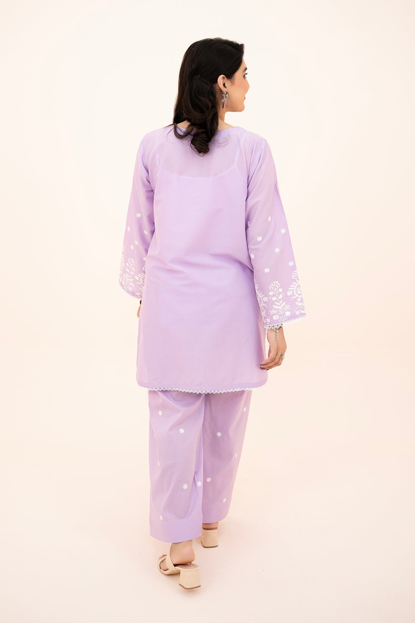 2 PIECE - EMBROIDERED LAWN SHORT SHIRT WITH FARSHI SHALWAR - PURPLE