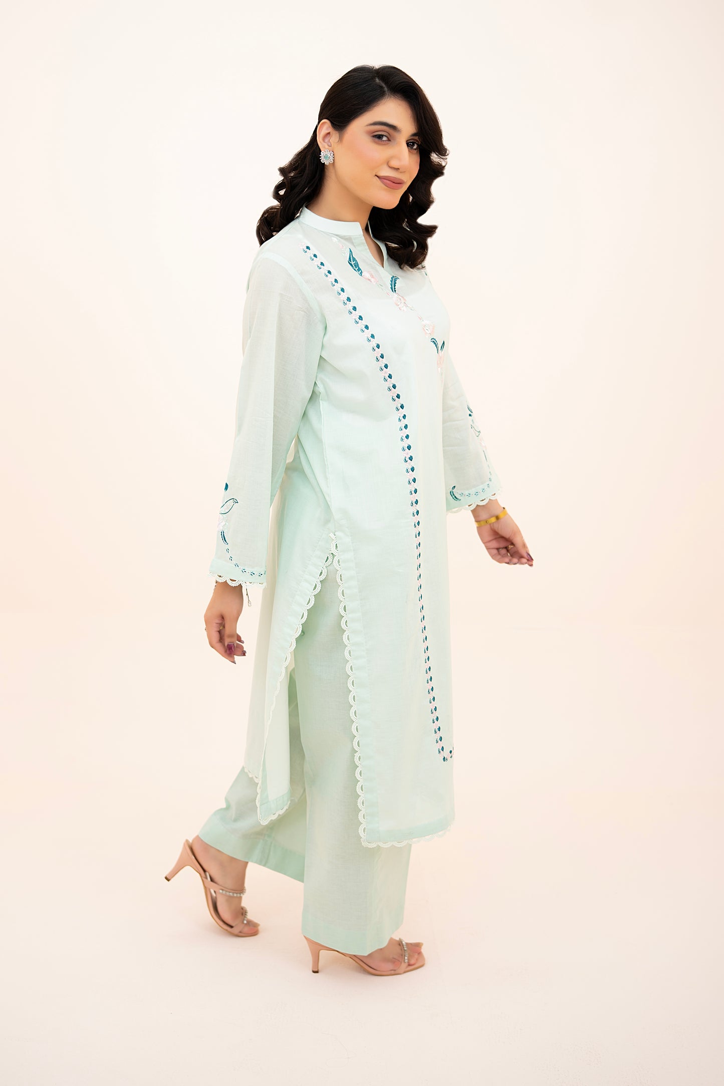 2 PIECE - EMBROIDERED LAWN LONG SHIRT WITH BOX TROUSERS - MINT GREEN
