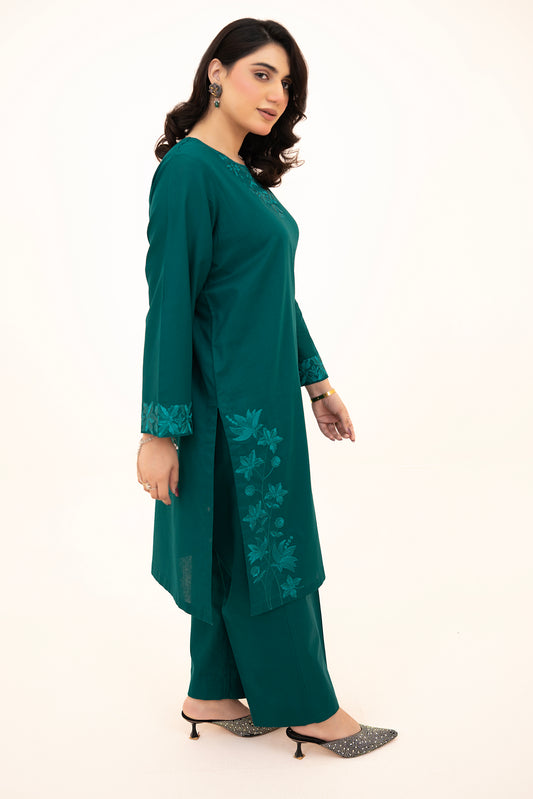 2 PIECE - EMBROIDERED LAWN REGULAR SHIRT WITH BOX TROUSERS - EMERALD GREEN