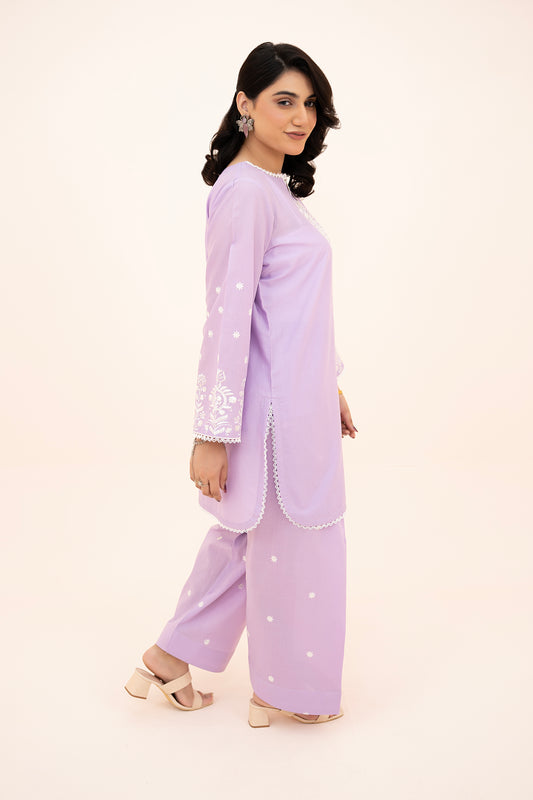 2 PIECE - EMBROIDERED LAWN SHORT SHIRT WITH FARSHI SHALWAR - PURPLE