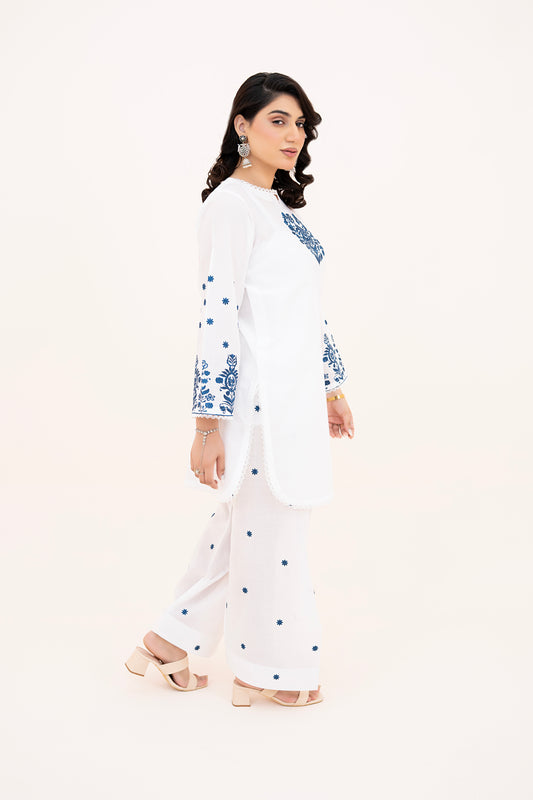 2 PIECE - EMBROIDERED LAWN SHORT SHIRT WITH FARSHI SHALWAR - WHITE